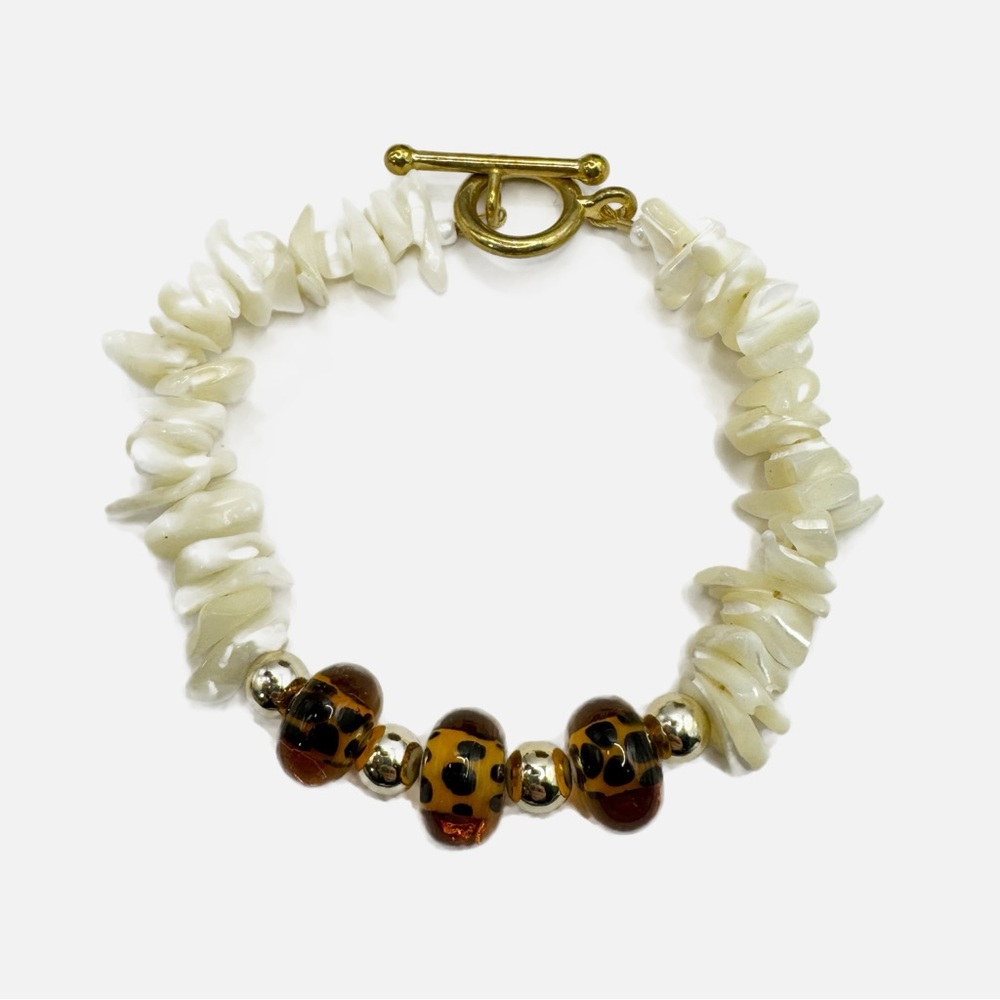Mother of Pearl and glass leopard print bead toggle closure bracelet
